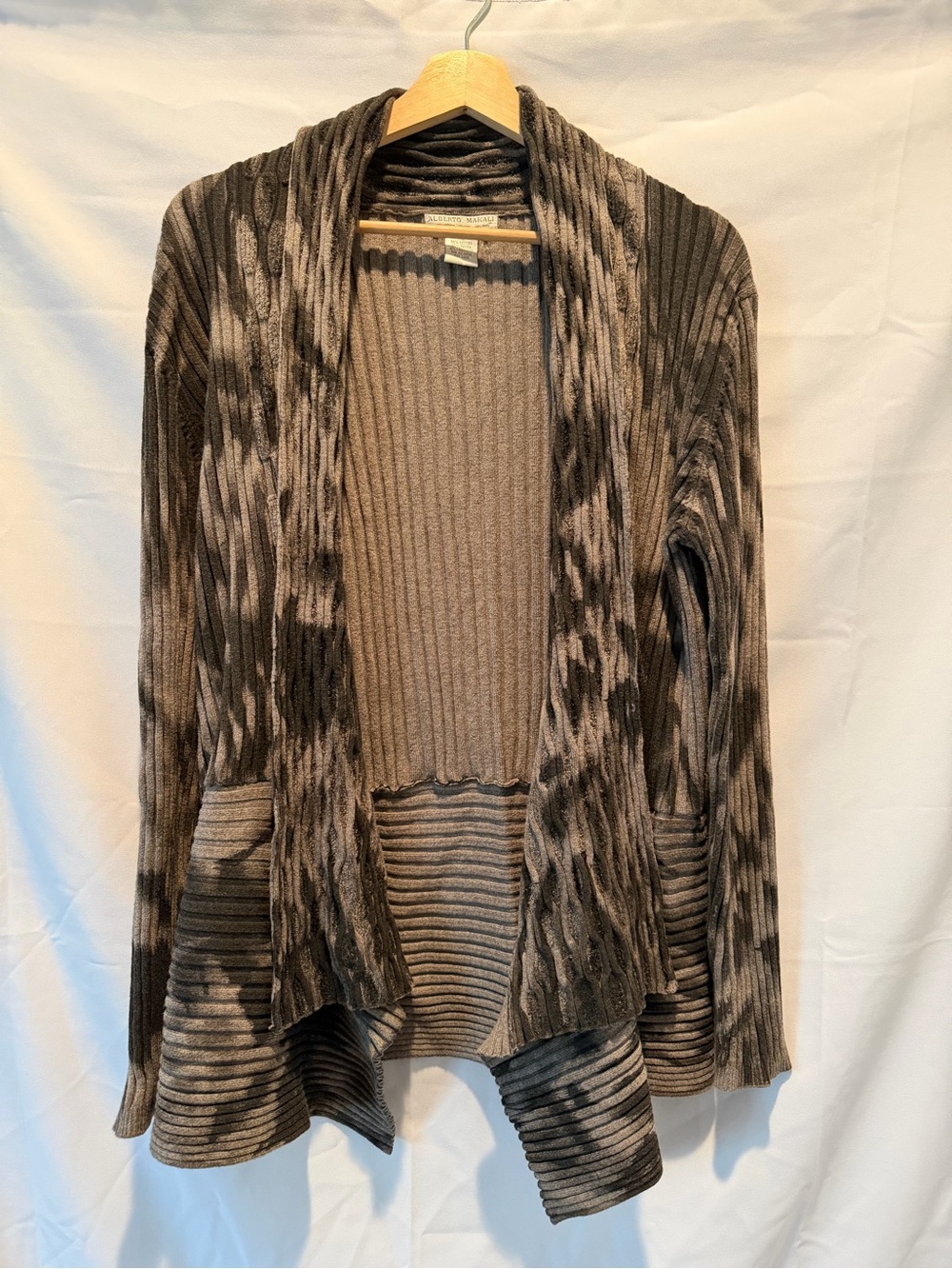 Alberto Makali Brown and Gray Cashmere Cotton Blend Open-Front Ribbed CardiganXL